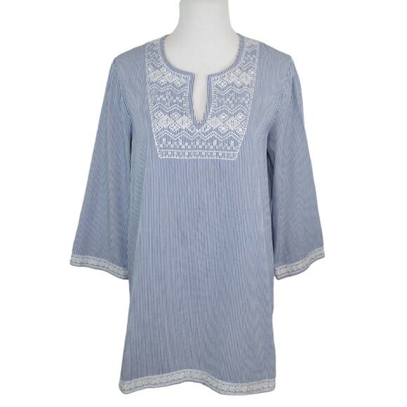 J. McLaughlin Blue & White Striped Embroidered Tunic Top Women's Size Large - Picture 1 of 13